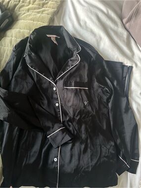 Victoria's Secret Black Satin PJ Set with White Side Stripe